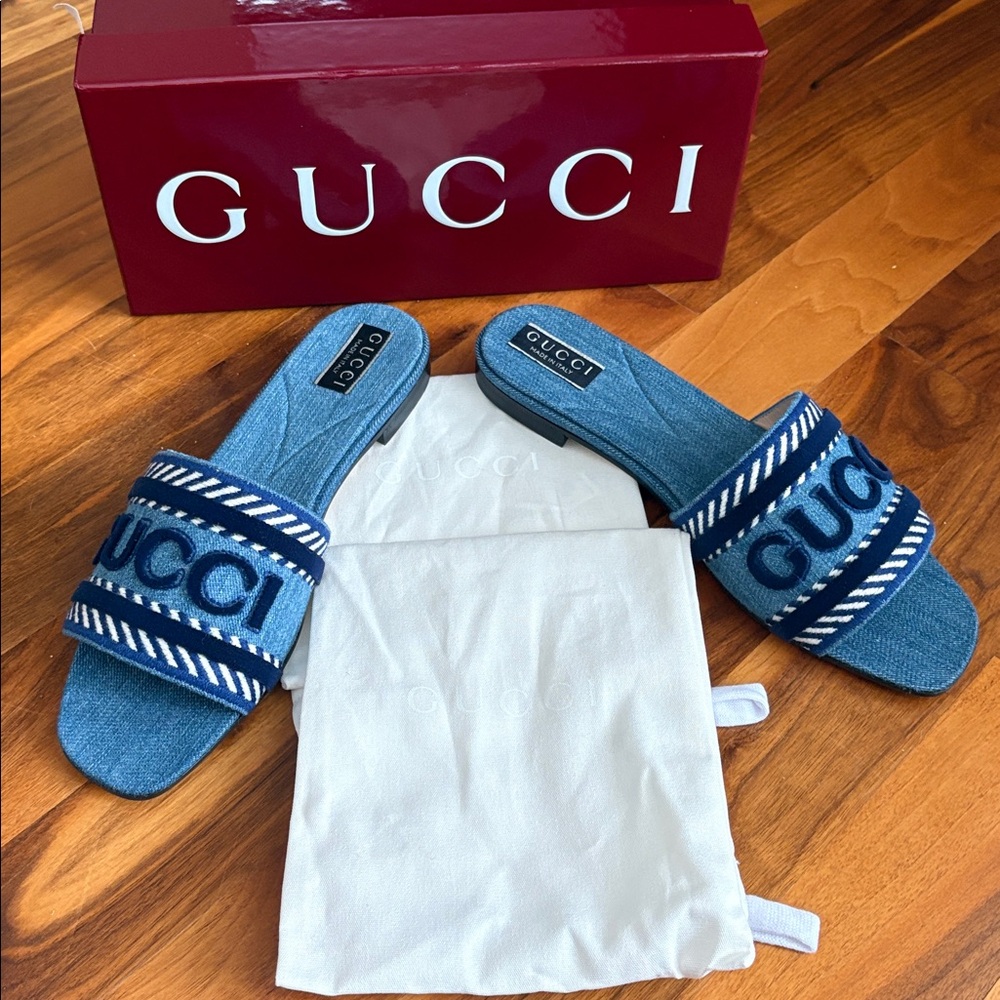 Gucci Jane Denim Blue Open-Toe Sandals, NEW - Picture 5 of 17